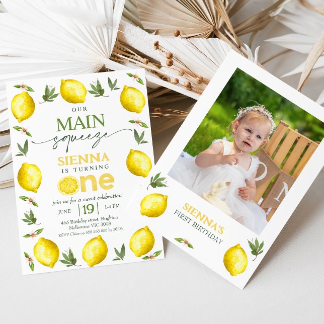 Invitation Photo Filles Jaunes Notre Squeeze Principal 1er An (Main Squeeze 1st Birthday Invitation Template For Baby Girl, Lemon Themed 1st Birthday Party Invite)