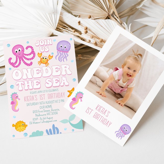 Invitation Photo Filles Roses Au-Dessus De La Mer Premier Ann (Oneder the Sea 1st Birthday Invitation Template Girl Photo Under the Sea 1st Birthday Invitation )