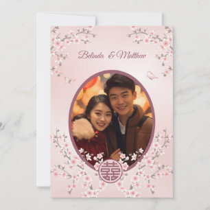 Invitation Photo Fleur de Cerisier Rose Poussiéreux Mariage C