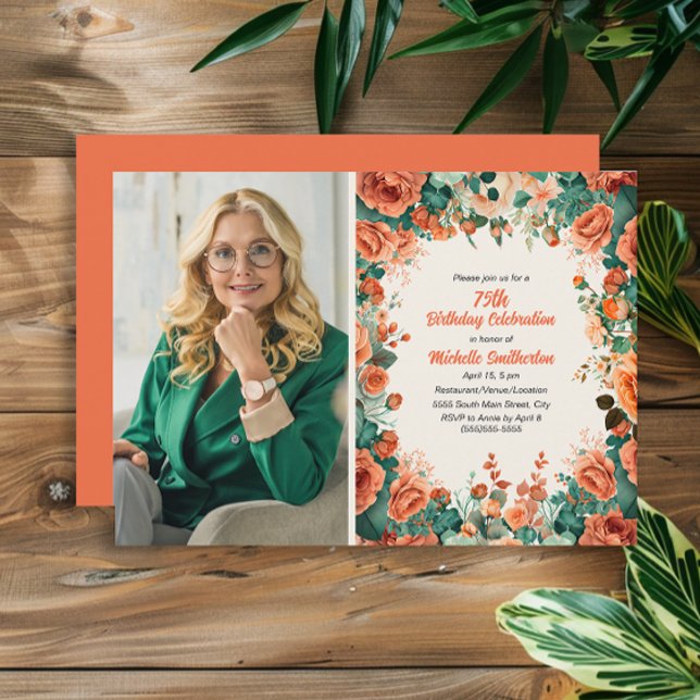 Invitation Photo Fleurie Vert Menthe Orange 75e Anniversaire (Orange watercolor floral photo 75th birthday party invitation)