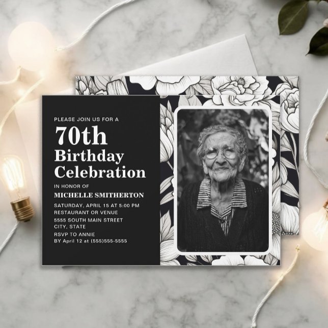 Invitation Photo Fleurs Noir Blanc 70e Anniversaire  (Black and white floral 70th birthday photo invitation)