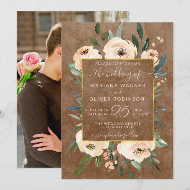 Invitation Photo Floral Beige Blush Rose Brown or Mariage (Devant / Derrière)