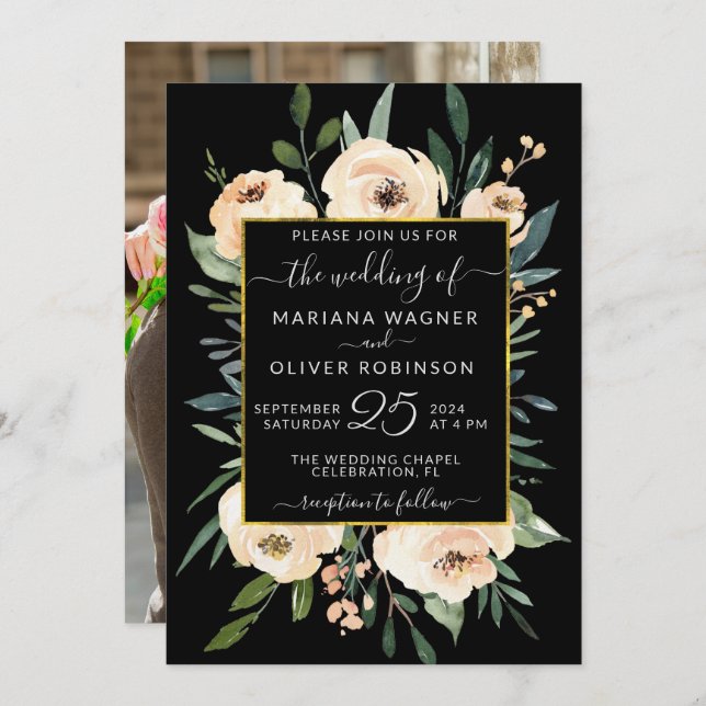Invitation Photo Floral Beige Blush Rose Gold Black Mariage (Devant / Derrière)