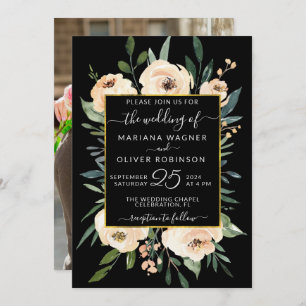 Invitation Photo Floral Beige Blush Rose Gold Black Mariage