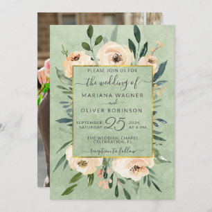Invitation Photo Floral Beige Blush Rose Gold Sage Mariage