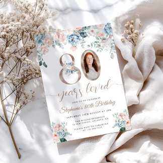 Invitation Photo Floral Bleu et Rose 80e Anniversaire
