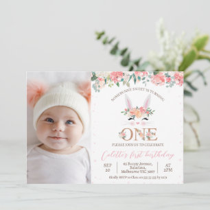 Invitation Photo Floral Bunny Face Un Lapin 1er Anniversaire