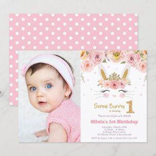 Invitation Photo Floral Cute Bunny Rabbit 1er anniversaire