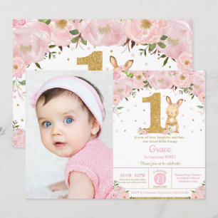 Invitation Photo Floral Cute Bunny Rabbit Girl 1er Anniversai