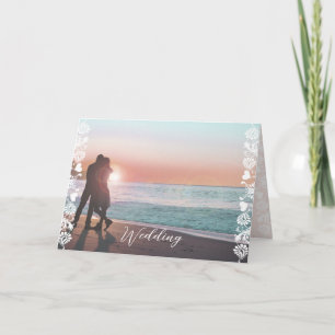 Invitation Photo Floral Damask trim bi-pli Mariage