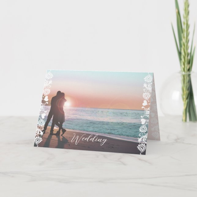 Invitation Photo Floral Damask trim bi-pli Mariage (Devant)