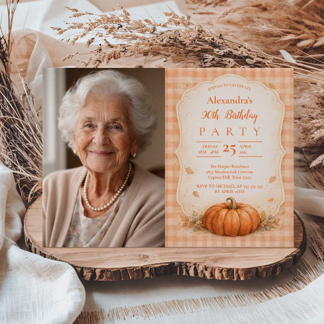 Invitation Photo Floral de Citrouille Rustique 90e Anniversai (Créateur téléchargé)