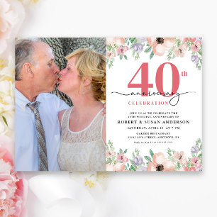 Invitation Photo Floral Élégant 40e Anniversaire de Mariage