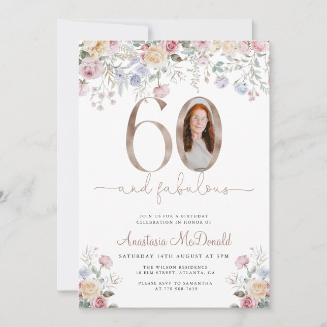 Invitation Photo Floral Élégant 60e Anniversaire (Devant)