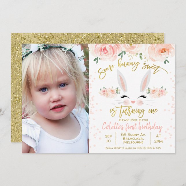Invitation Photo floral lapin visage 1er Anniversaire Invitat (Devant / Derrière)