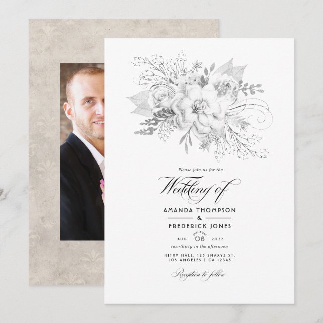 Invitation Photo Floral Mariage Blanc (Devant / Derrière)
