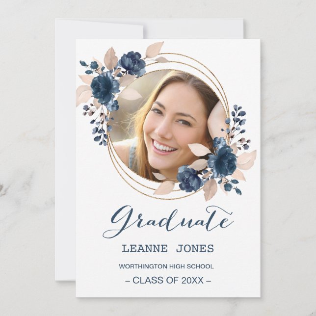 Invitation Photo Floral Marine bleu Graduation Party (Devant)