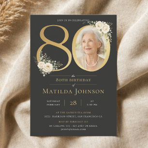 Invitation Photo Floral Or 80 Ans Anniversaire Élégant