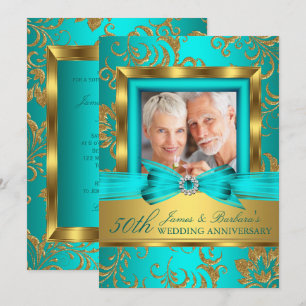 Invitation Photo floral or et sarcelle 50e anniversaire de ma