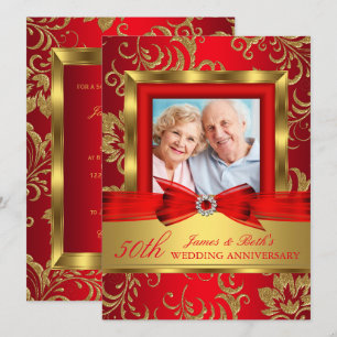 Invitation Photo Floral Or Rouge 50e Anniversaire de Mariage
