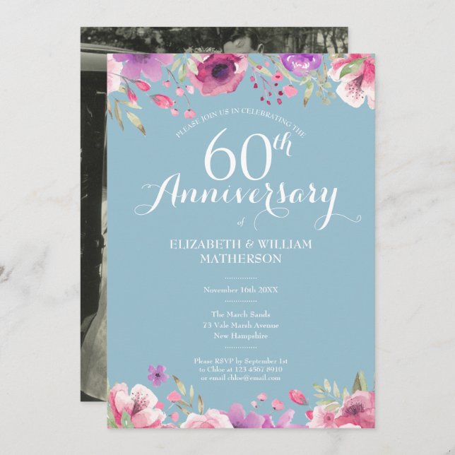 Invitation Photo Floral pour les 60 ans de mariage diamant (Devant / Derrière)