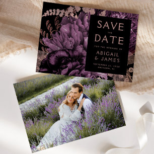 Invitation Photo Floral Purple Rose Gold Enregistrer la date