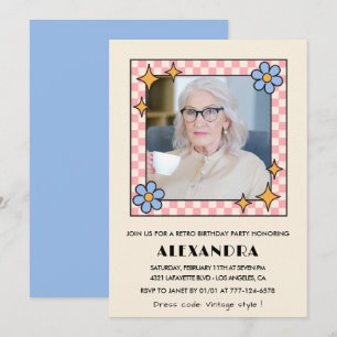 Invitation Photo floral rétro rose bleu 93e anniversaire