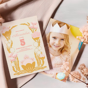 Invitation Photo Floral Rose Or Enfants Anniversaire