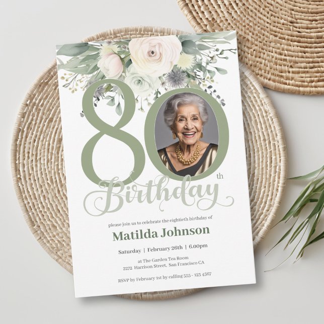 Invitation Photo Floral Sage 80e Anniversaire  (Créateur téléchargé)