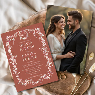 Invitation Photo Floral Victorian Terracotta Mariage français