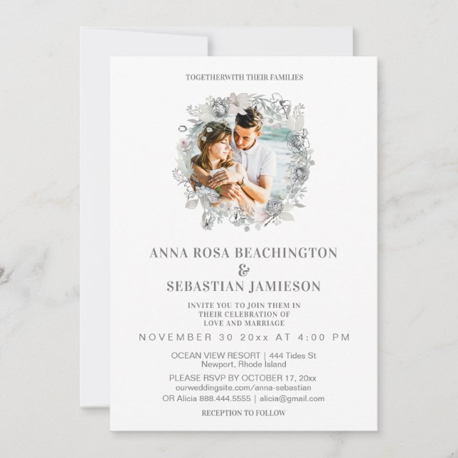 Invitation *~* PHOTO Floral Wreath AR16 RSVP Mariage Invitati (Devant)