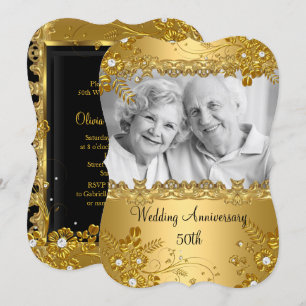 Invitation Photo florale 50e anniversaire Gold Diamond