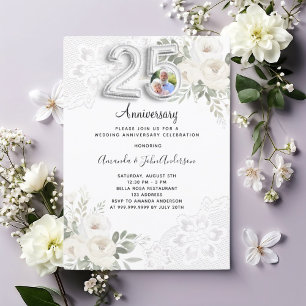 Invitation Photo florale blanche 25e anniversaire de mariage