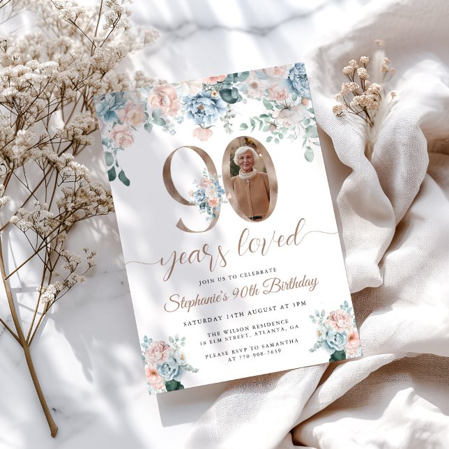 Invitation Photo florale bleu et rose 90e anniversaire (Créateur téléchargé)
