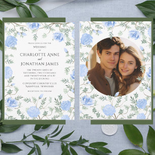Invitation Photo Florale Bleu Mariage Aquarelle moderne
