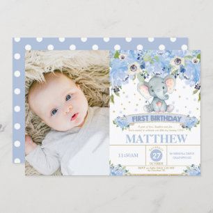 Invitation Photo florale bleue de garçon de ęr anniversaire