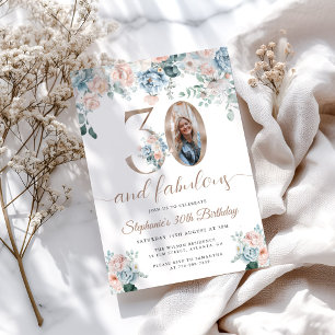 Invitation Photo florale bleue et rose 30e anniversaire Invit