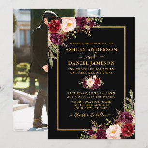 Invitation Photo florale Bourgogne moderne Black Gold