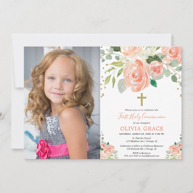 Invitation Photo florale de fille de sainte communion d'or de (Devant)