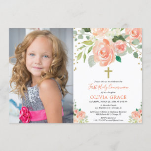 Invitation Photo florale de fille de sainte communion d'or de