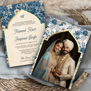 Invitation Photo Florale d'ivoire bleu Anand Karaj Sikh Maria
