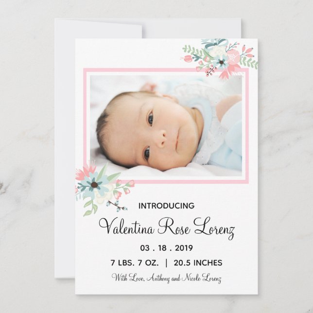 Invitation Photo florale encadrée - Annonce de naissance (Devant)