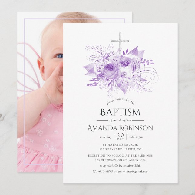 Invitation Photo florale Lilac & Argent Baptême ou Christenin (Devant / Derrière)