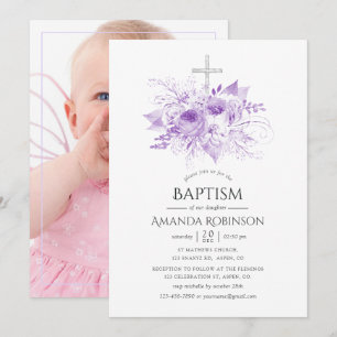 Invitation Photo florale Lilac & Argent Baptême ou Christenin