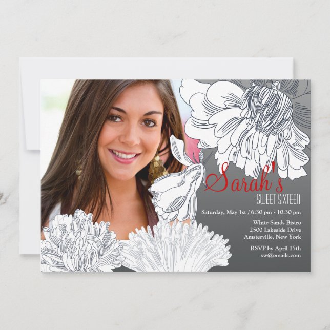 Invitation photo florale noire et blanche (Devant)