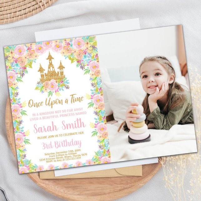 Invitation Photo Florale Parties scintillant Golden Princess  (Photo Floral Glitter Golden Princess Birthday Invitation)