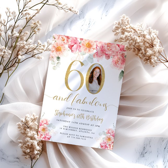 Invitation Photo florale rose et or 60e anniversaire (Créateur téléchargé)