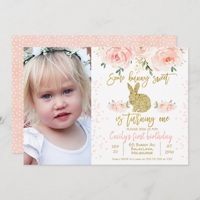 Invitation Photo florale rose lapin 1er Anniversaire Invitati (Devant / Derrière)