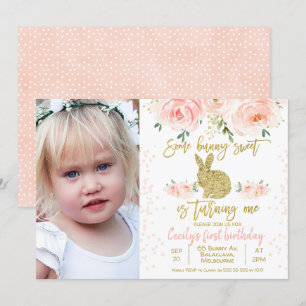 Invitation Photo florale rose lapin 1er anniversaire Invitati