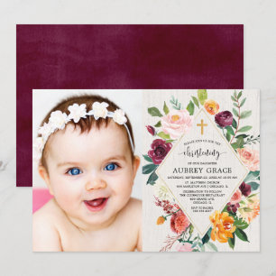Invitation Photo florale rustique de baptême d'aquarelle de